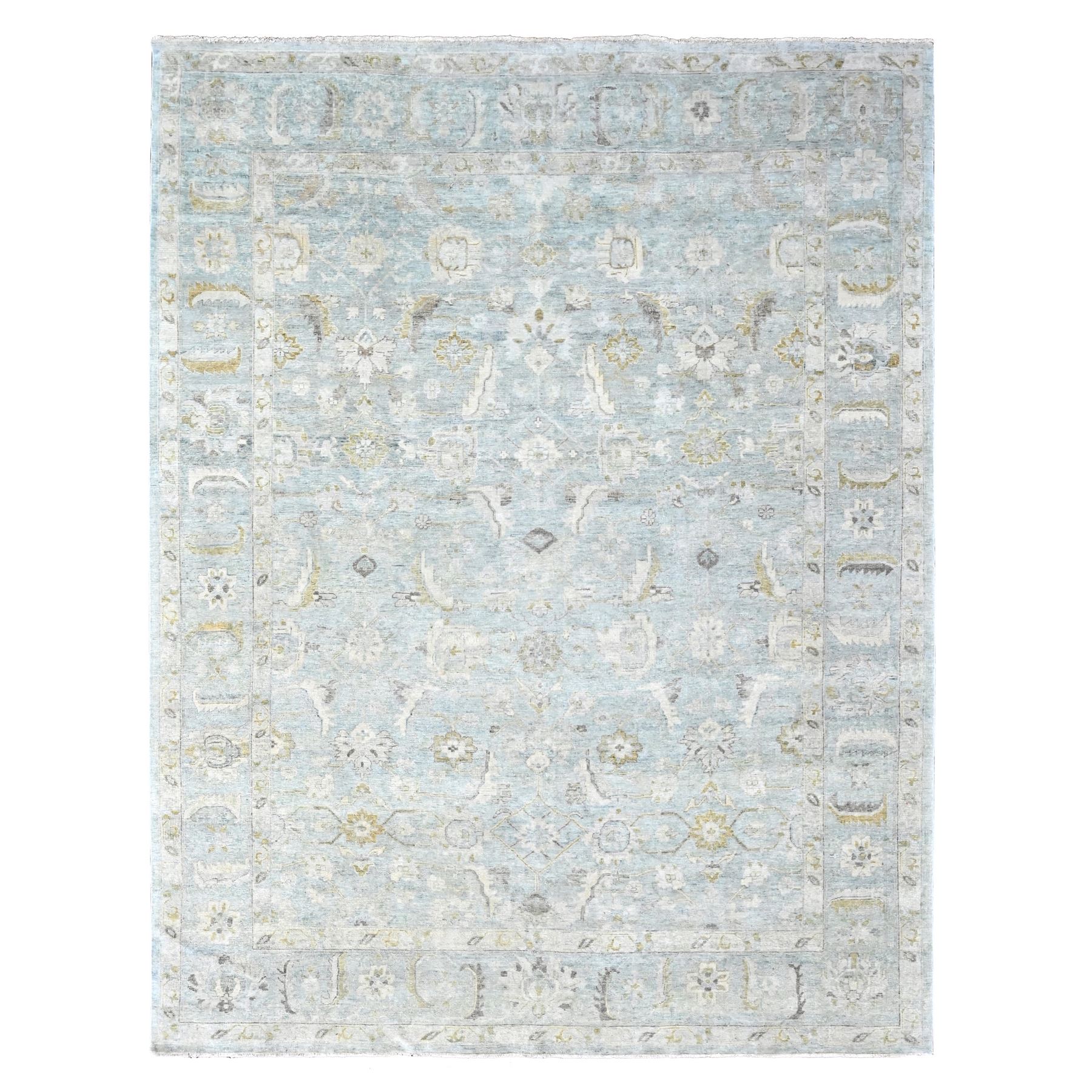 Misty Gray, Distressed, Antiqued Persian with Ziegler Mahal Design, Oxidized, Zero Pile, Shaved Low, Pure Wool, Hand Knotted, Oriental Rug
